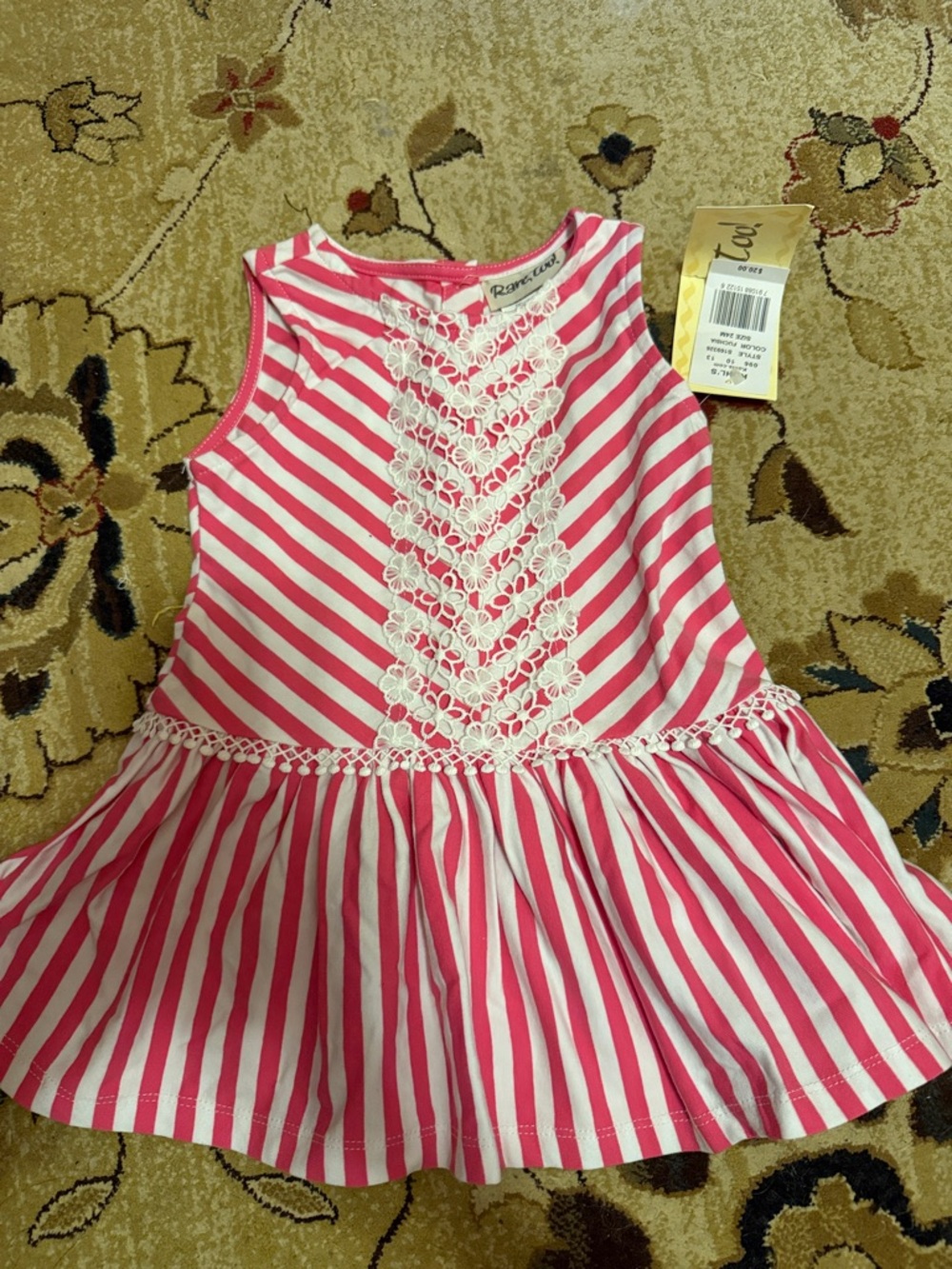 Rene Rofe Pink & White Striped Lace Trim Kids Dress